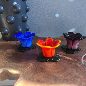 Vibrant Blown Glass Flower Candle Holders